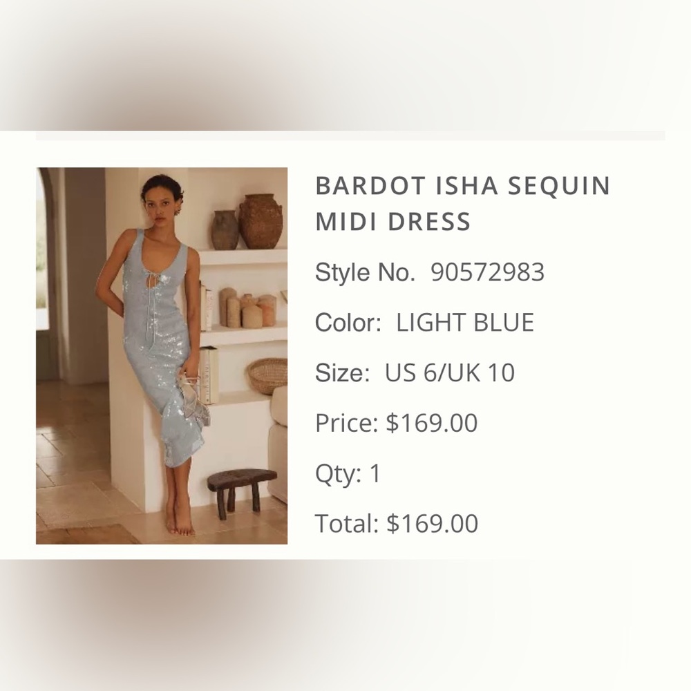 BARDOT ISHA SEQUIN
MIDI DRESS
Style No. 90572983
Color: LIGHT BLUE
Size: US 6